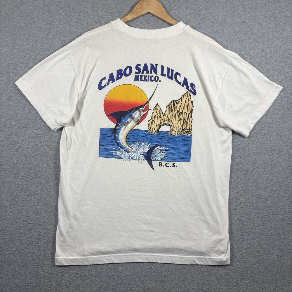 Vtg 90s Cabo San Lucas Mexico Marlin Fishing T Shirt White Double Sided Mens XL